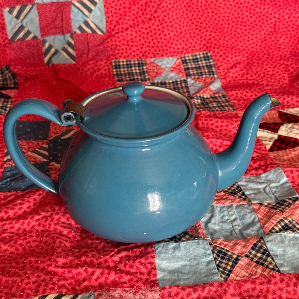 Vintage‎ Blue Enamelware Teapot Hinged Lid Farmhouse Rustic Kitchen Decor Retro